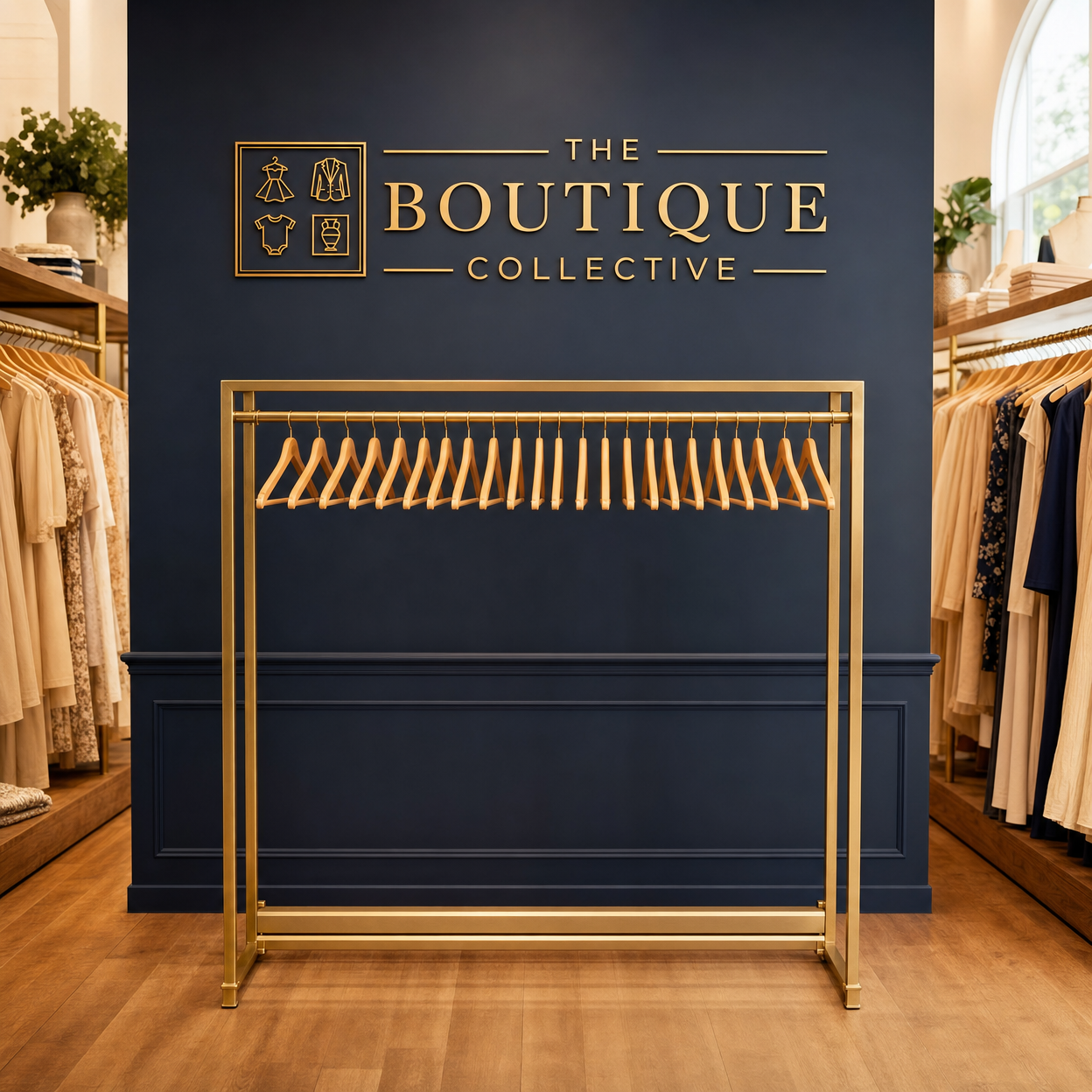 Empty boutique clothing rack with The Boutique Collective logo on navy wall