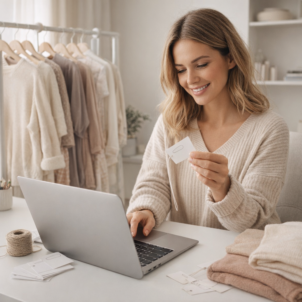 Woman tagging items at home with laptop