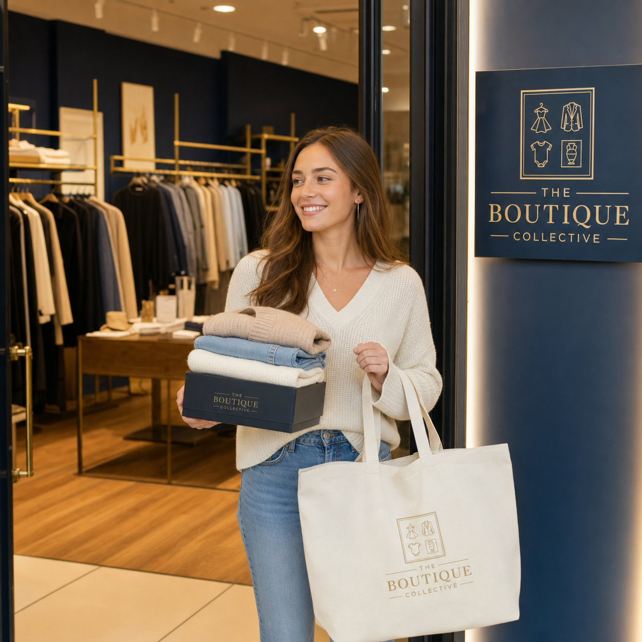 Woman picking up items at The Boutique Collective storefront