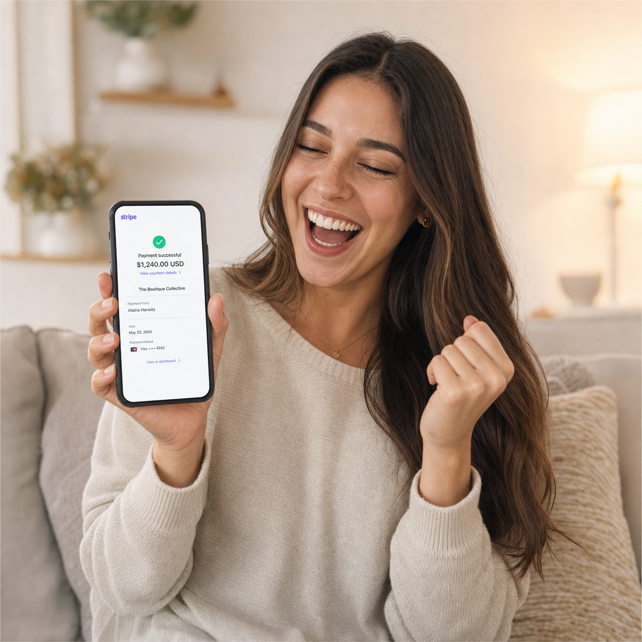 Woman celebrating her Stripe payment on her phone